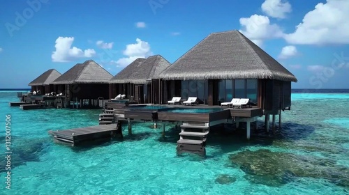 Overwater bungalows on a turquoise lagoon in the Maldives with a clear sky