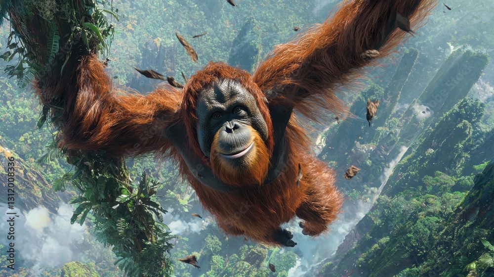 Obraz premium A wild orangutan swinging from tree to tree in the rainforest, with its fur flowing in the air