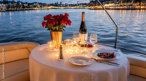 Romantic Dinner Setup on a Boat with Wine, Flowers, and Scenic Water View at Night