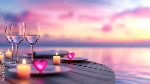 Romantic Dinner Setting by the Ocean at Sunset with Candles and Wine Glasses