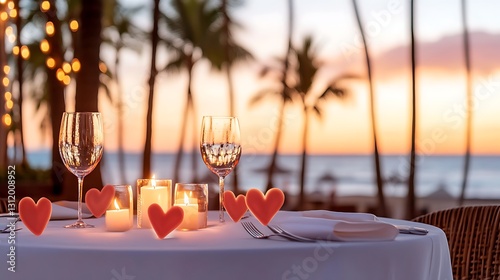 Romantic Dining Setup at Beachside with Sunset and Elegant Decor for Special Occasions