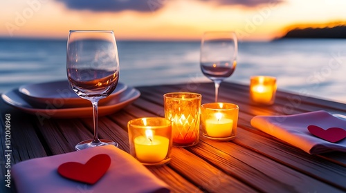 Romantic Beach Dinner Setup with Candles, Glasses, and Heart Decor at Sunset by the Ocean