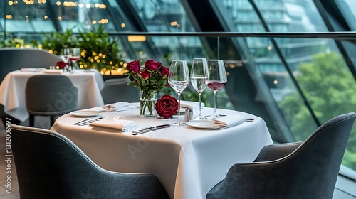 Elegant Dining Setup with Red Roses and Fine Glassware in a Modern Restaurant Interior