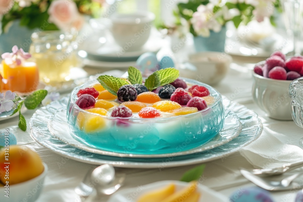 Vibrant fruit dessert in a light blue gelatin, adorned with fresh raspberries, blackberries, and mint, sits on a white table setting among pastel Vibrant fruit dessert in a light blue gelatin, adorned with fresh raspberries, blackberries, and mint, sits on a white table setting among pastel