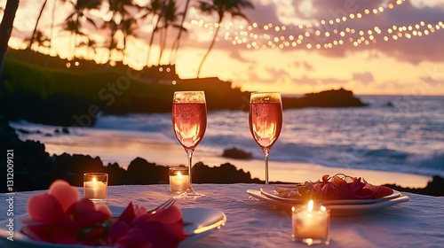 Romantic sunset dining experience with sparkling drinks and candlelight by the beach