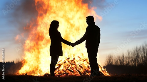 Silhouetted Couple Holding Hands in Front of a Large Bonfire at Dusk