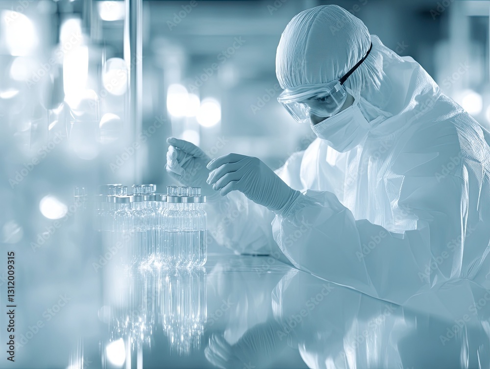 Scientist working with vials in a clean laboratory environment carefully Scientist working with vials in a clean laboratory environment carefully