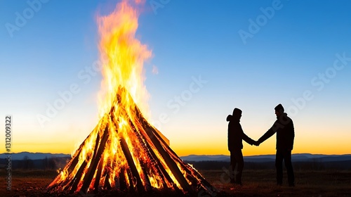 Silhouettes of Two People Holding Hands in Front of a Large Bonfire at Dusk with Blue Sky