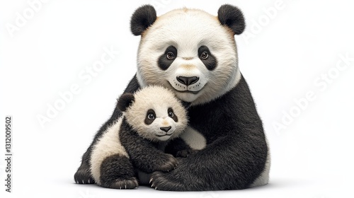 Gentle giant panda cuddling with playful cub amidst serene gray backdrop; soft, plush textures highlighted in striking black-and-white fur details