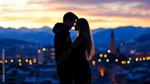 Romantic Silhouette of Couple Embracing at Sunset Over Mountain City Landscape