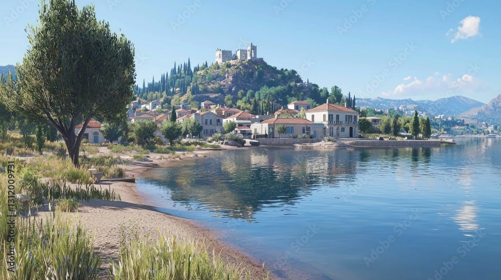 Obraz premium Coastal village, tranquil morning, hillside castle, calm lake reflection