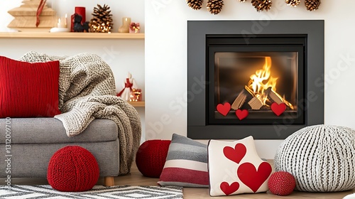 Cozy Living Room with Fireplace and Heart-shaped Decor for Romantic Winter Vibes