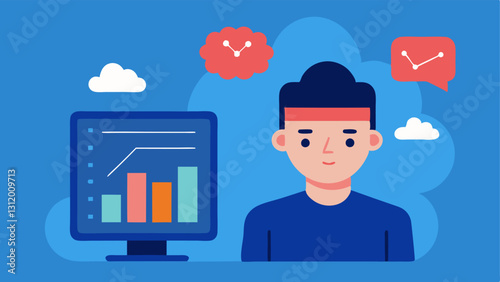 Wearable Trend Chart A vector image of a person viewing a trend chart on a digital device showing changes in their brain activity over days or weeks along with corresponding mood