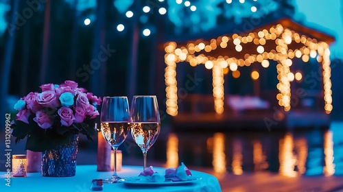 Romantic Evening Setup with Wine Glasses and Flowers Near Sparkling Water Pavilion