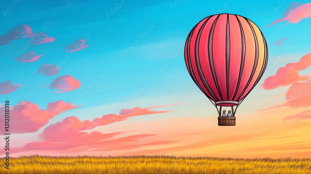 Fototapeta premium A vibrant hot air balloon floats in a colorful sky over golden fields, creating a serene and picturesque landscape.