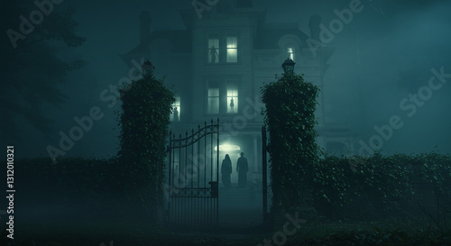 Eerie Haunted Victorian Mansion with Glowing Windows & Shadowy Figures