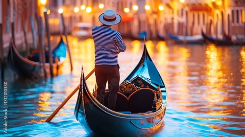 Serene Gondola Ride in Venetian Canal at Dusk with Reflections and Warm Lights