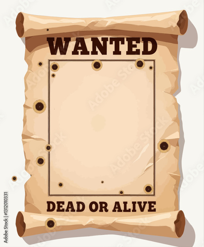 Antique scroll with wanted poster and bullet holes