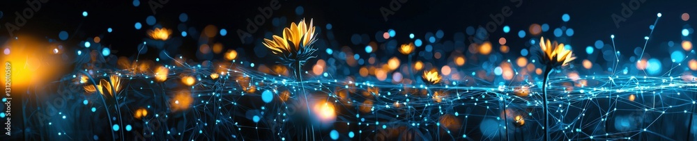 Fototapeta premium A glowing digital sunflower field in a virtual reality environment.