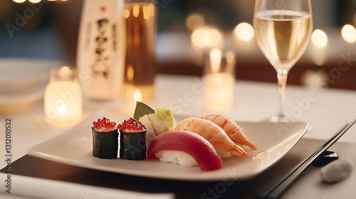 Elegant Sushi Plate with Fresh Seafood and Wine Glass at Romantic Candlelit Dinner