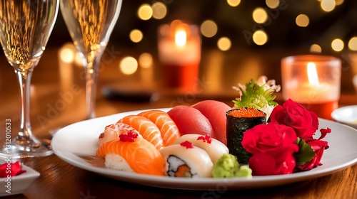 Elegant Sushi Platter with Roses, Champagne, and Bokeh Lights for Romantic Dinner Celebration