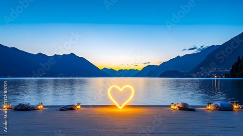 Romantic Sunset Over Mountain Lake With Heart Light and Cozy Atmosphere for Couples