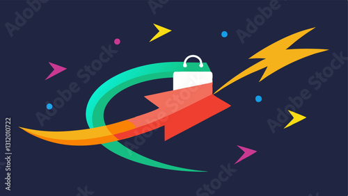 Swirling Arrow with Radiant Sparks A swirling arrow motion leading to a bright discount tag surrounded by small radiant sparks that flash in various colors.