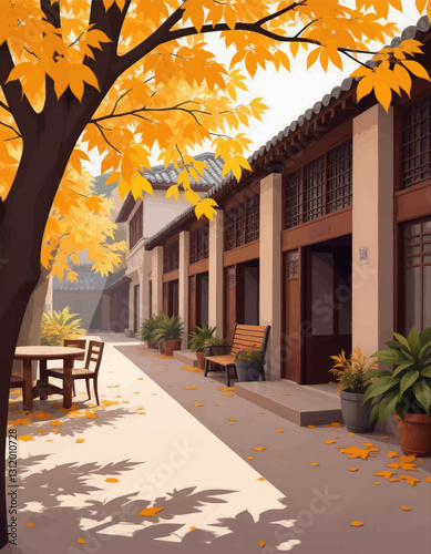 Autumn courtyard with traditional Asian architecture