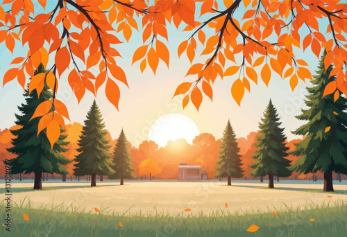 Autumn Park Scene with Sunburst and Vintage Campervan