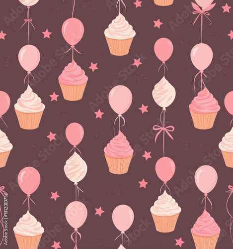 Balloons and Cupcakes on Brown Birthday Pattern