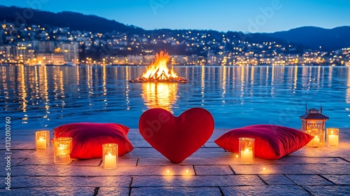 Romantic Evening by the Lake with Heart Shape and Fire, Lanterns, and Cozy Pillows at Dusk