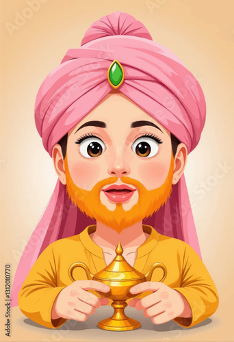 Bearded genie with pink turban holding golden lamp