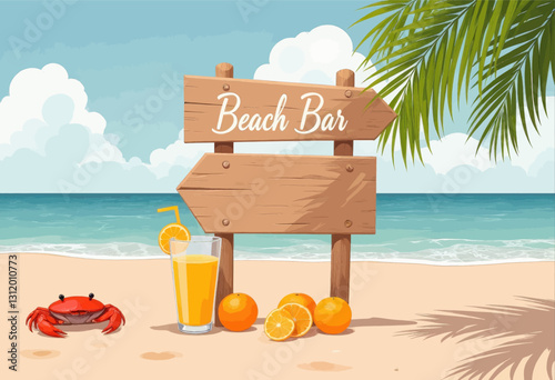 Beach Bar sign with drink, oranges, crab on sandy shore