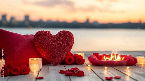 Romantic Setting with Heart Cushion, Flowers and Candles by a Water Body at Sunset photo