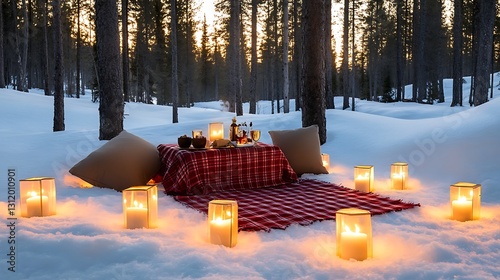 Cozy Snowy Picnic in Forest with Candles, Red Blanket, and Dusk Glow in Winter Wonderland