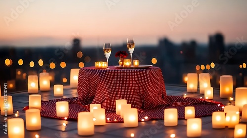 Romantic Rooftop Dinner Setup with Candles and Champagne at Dusk Over City Skyline