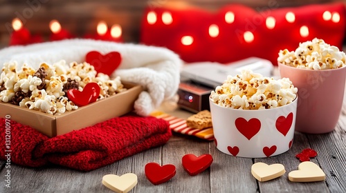 Romantic Movie Night Setup with Popcorn Hearts and Cozy Blankets for a Perfect Date