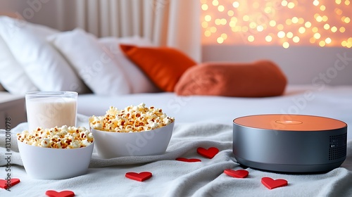 Cozy Movie Night at Home with Popcorn and Drink on Bed Surrounded by Heart Decorations