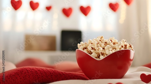 Cozy Romantic Movie Night with Heart Decorations and Bowl of Popcorn on Soft Bedding