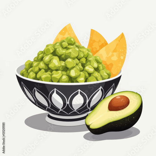 Black Bowl of Guacamole and Tortilla Chips with Avocado