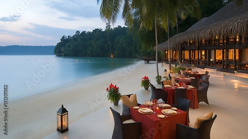 Romantic Beachfront Dining Experience at Sunset with Scenic Ocean View and Elegant Setup