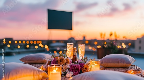 Romantic Rooftop Dinner Setup with Candles and Flowers at Sunset Over Cityscape