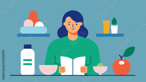 Vitality Through Nutrition A table set with healthy foods and supplements with a person reading an HRT pamphlet showcasing the connection between diet and hormone health.