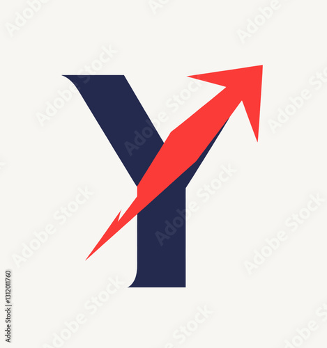 Blue Y with ascending red arrow on white