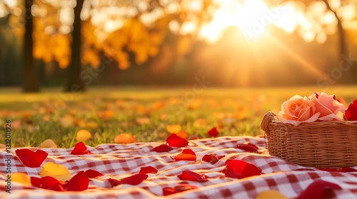 Romantic picnic setup with rose petals and sunrise glow in a beautiful autumn park