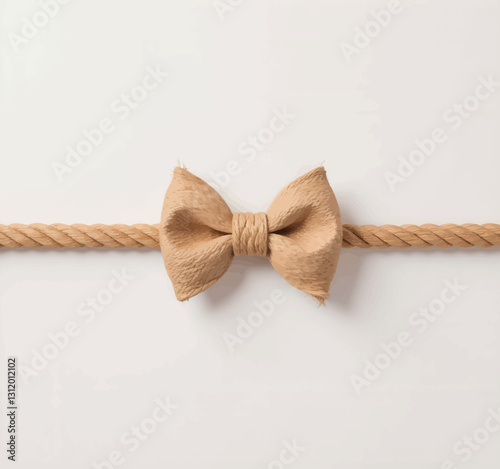 Burlap bow tie on tan rope, white background