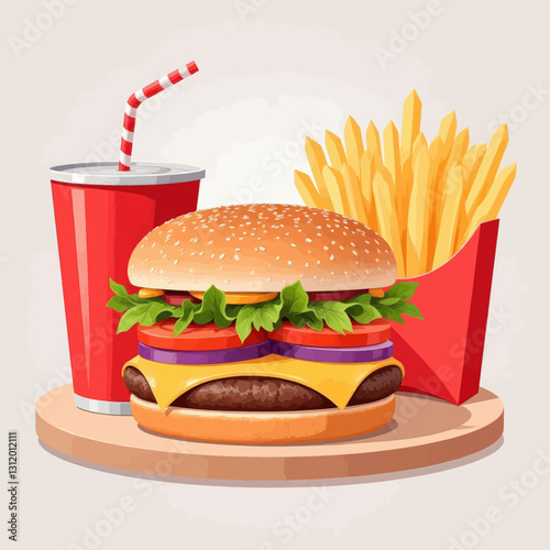 Burger, fries, and soda pop combo meal on wooden plate
