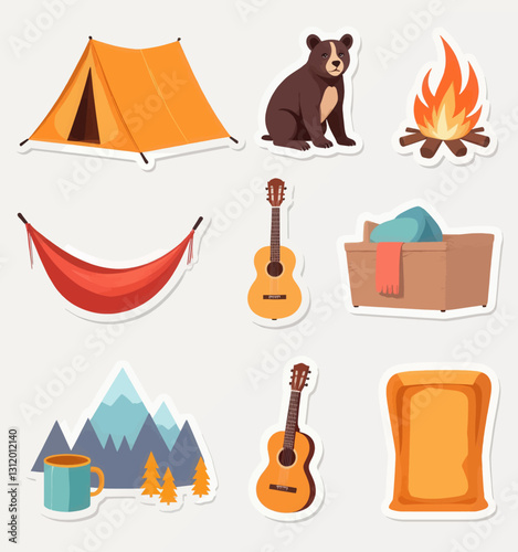 Camping sticker sheet with tent, guitar, bear, and campfire
