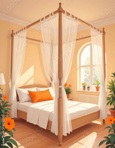 Canopy bed with sheer curtains, orange accents, sunlit room