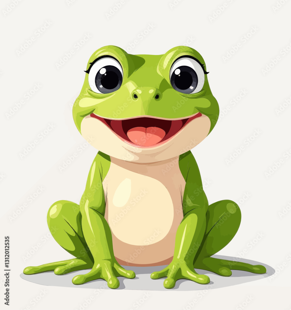 Fototapeta premium Cartoon green frog with big eyes happily smiling